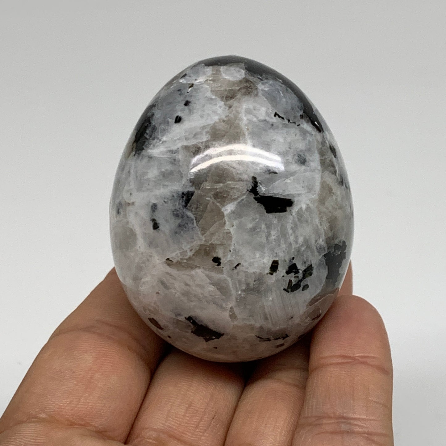 144.5g, 2.1"x1.7", Natural Gemstone White Rainbow Moonstone Egg, B34410