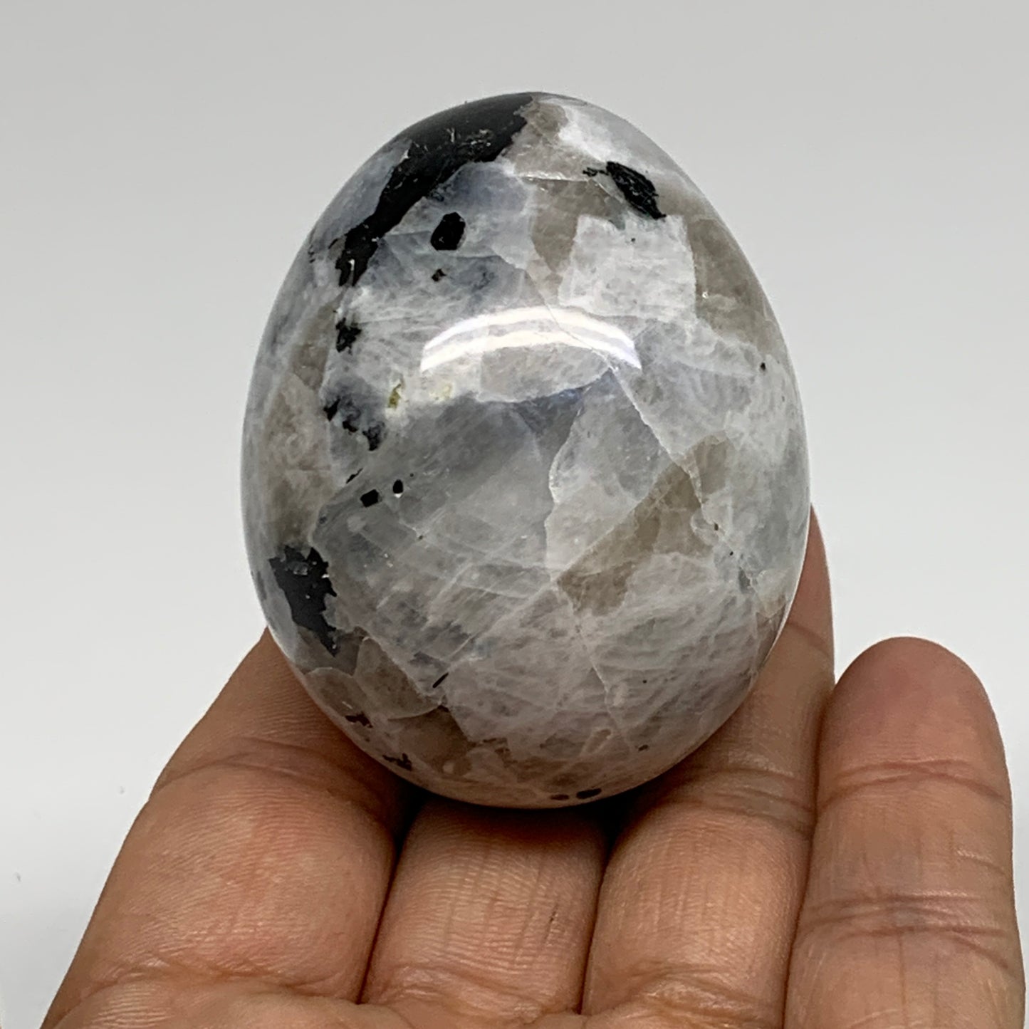 144.5g, 2.1"x1.7", Natural Gemstone White Rainbow Moonstone Egg, B34410