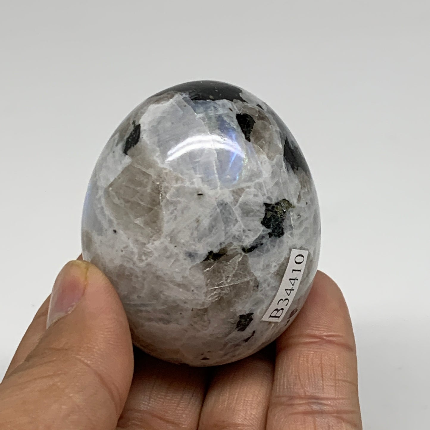 144.5g, 2.1"x1.7", Natural Gemstone White Rainbow Moonstone Egg, B34410