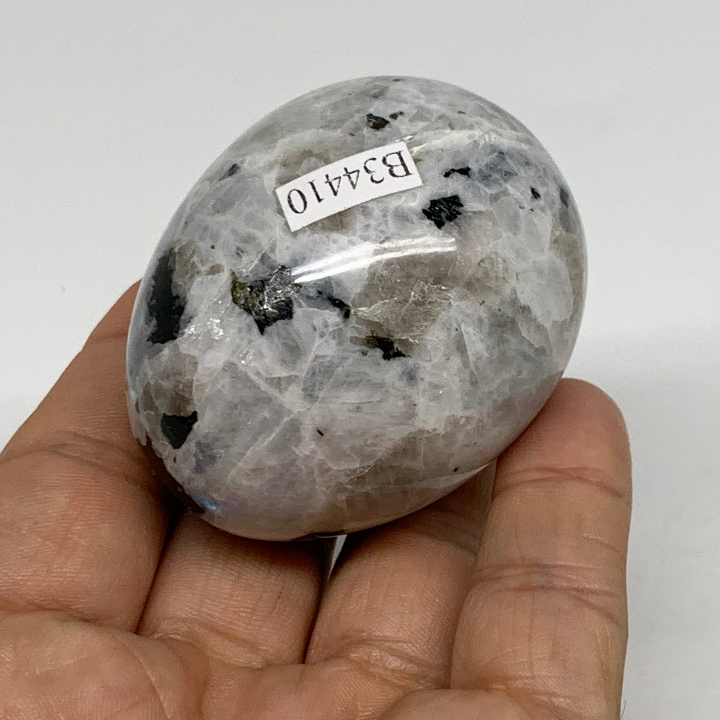 144.5g, 2.1"x1.7", Natural Gemstone White Rainbow Moonstone Egg, B34410