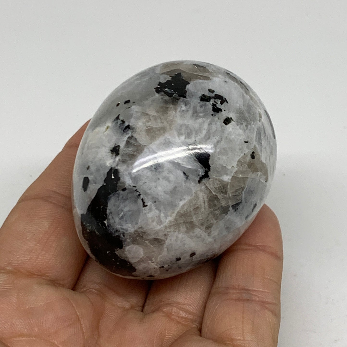 144.5g, 2.1"x1.7", Natural Gemstone White Rainbow Moonstone Egg, B34410