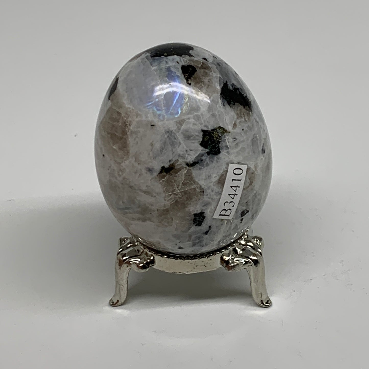 144.5g, 2.1"x1.7", Natural Gemstone White Rainbow Moonstone Egg, B34410