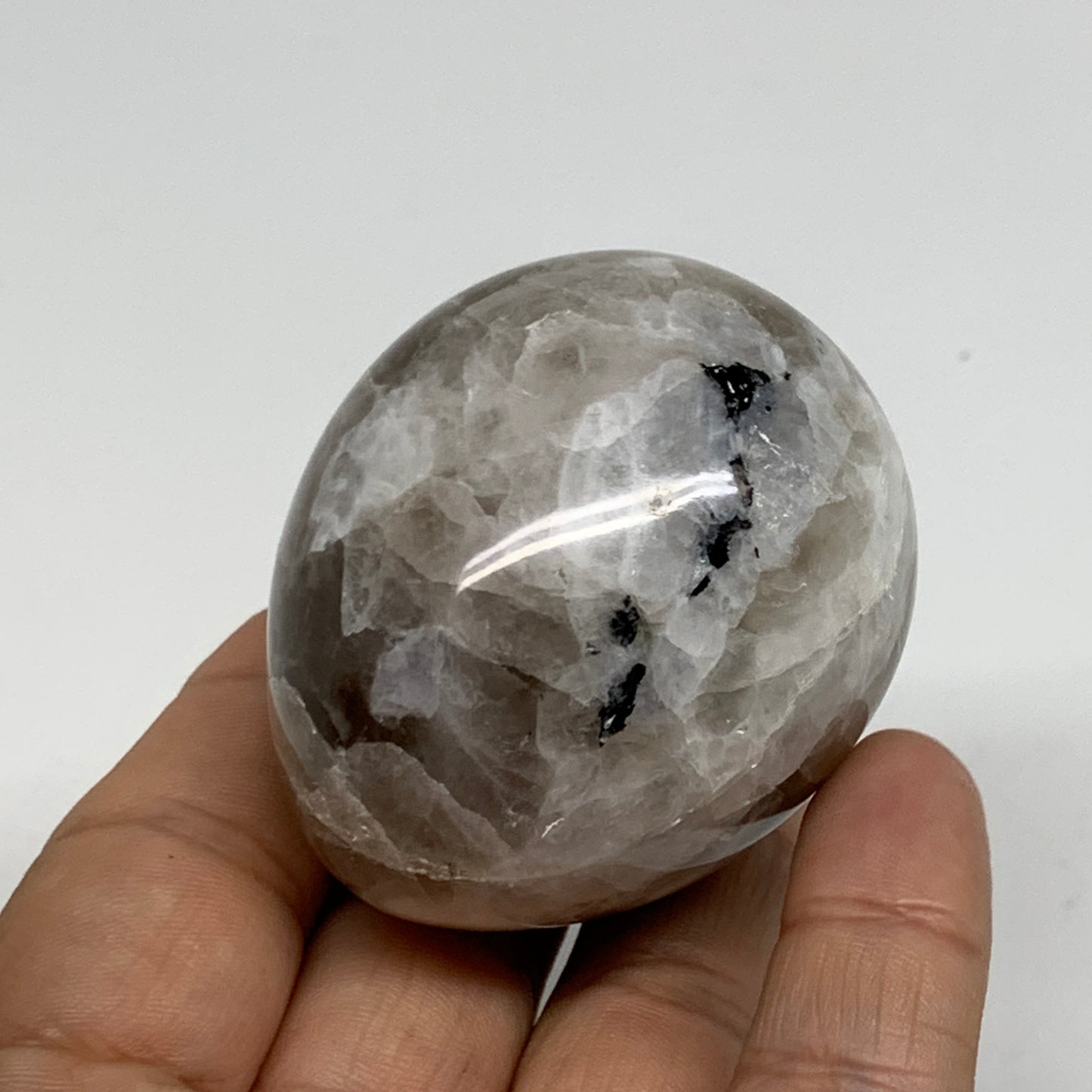 151.7g, 2.2"x1.8", Natural Gemstone White Rainbow Moonstone Egg, B34411