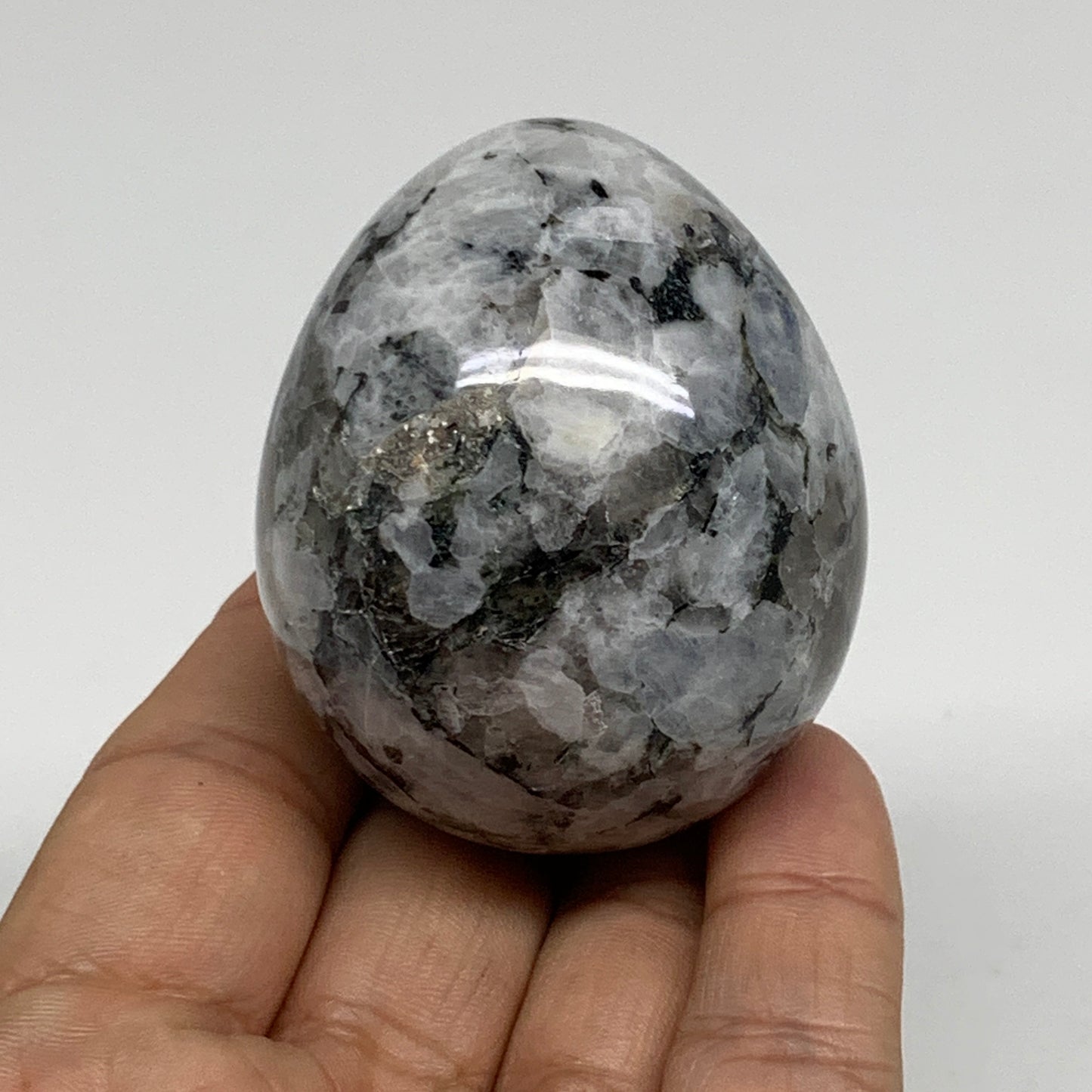 158.1g, 2.2"x1.8", Natural Gemstone White Rainbow Moonstone Egg, B34412
