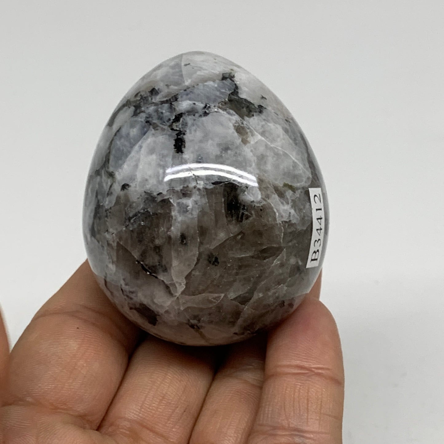 158.1g, 2.2"x1.8", Natural Gemstone White Rainbow Moonstone Egg, B34412