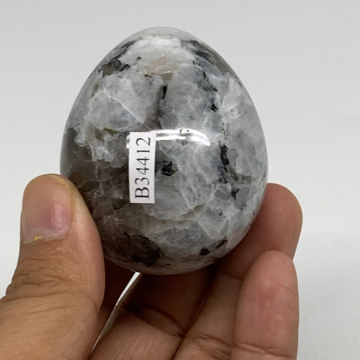 158.1g, 2.2"x1.8", Natural Gemstone White Rainbow Moonstone Egg, B34412