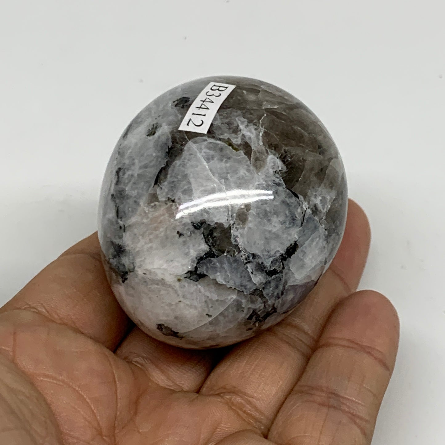 158.1g, 2.2"x1.8", Natural Gemstone White Rainbow Moonstone Egg, B34412