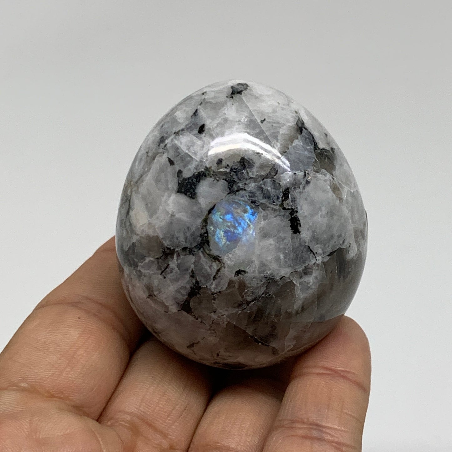 158.1g, 2.2"x1.8", Natural Gemstone White Rainbow Moonstone Egg, B34412