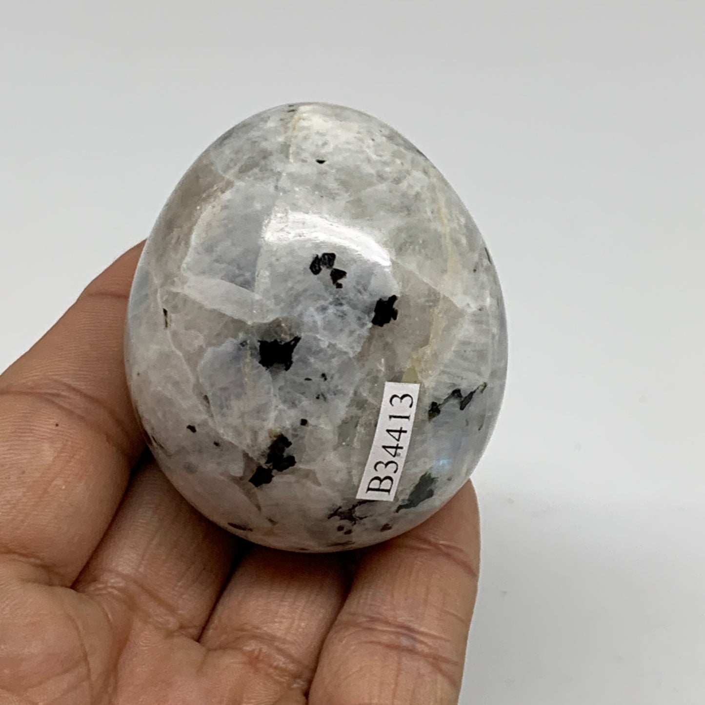 155g, 2.2"x1.8", Natural Gemstone White Rainbow Moonstone Egg, B34413