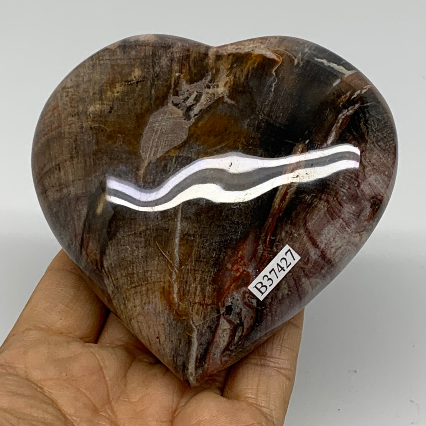 0.95 lbs, 3.7"x3.7"x1.4", Natural Petrified Wood Heart Polished Crystal, B37427