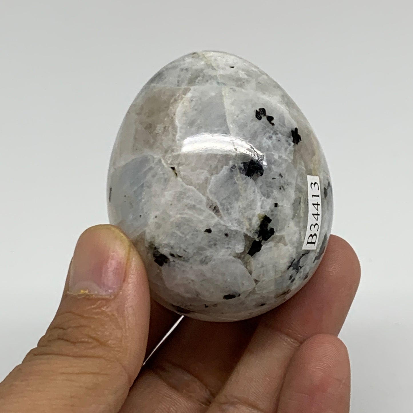 155g, 2.2"x1.8", Natural Gemstone White Rainbow Moonstone Egg, B34413