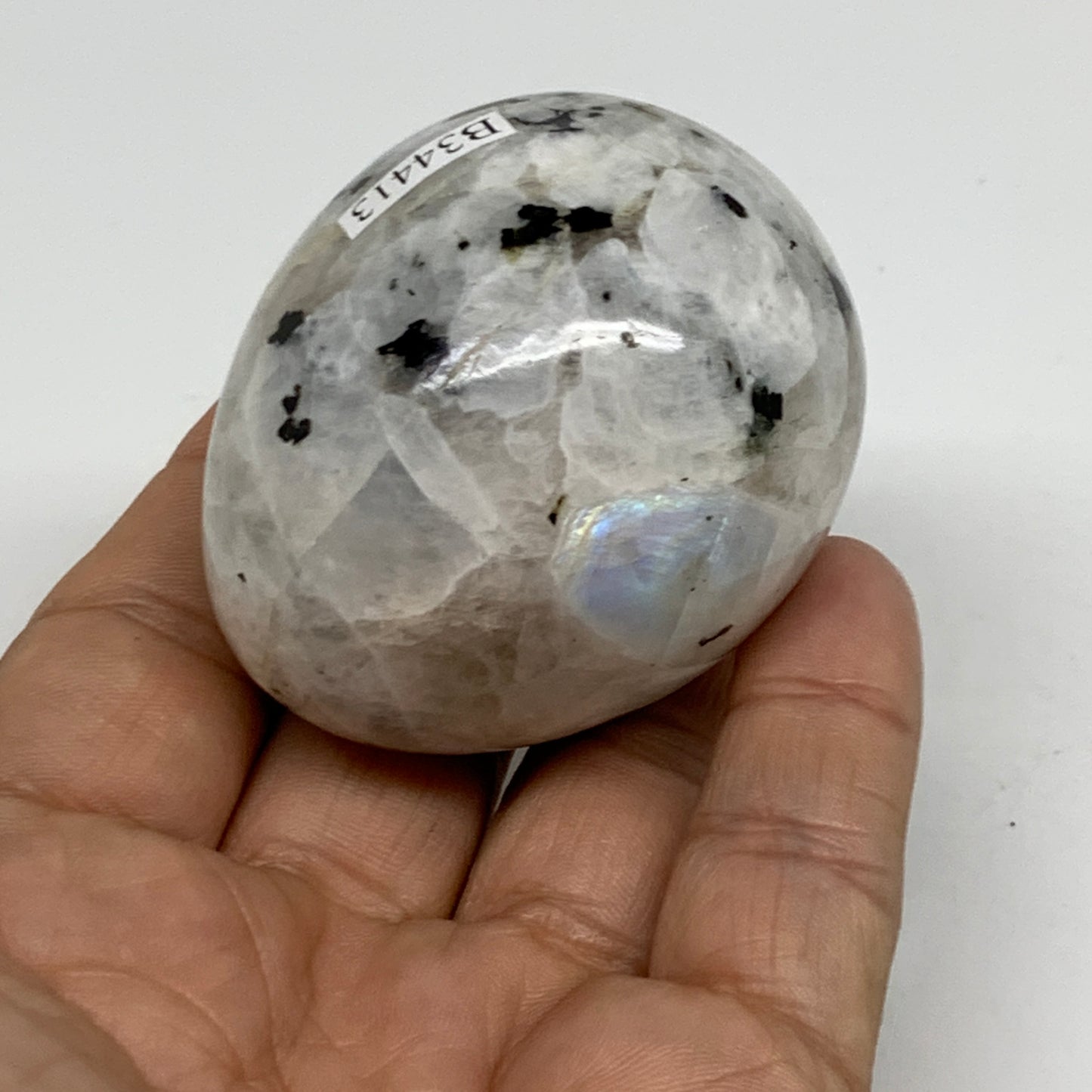 155g, 2.2"x1.8", Natural Gemstone White Rainbow Moonstone Egg, B34413