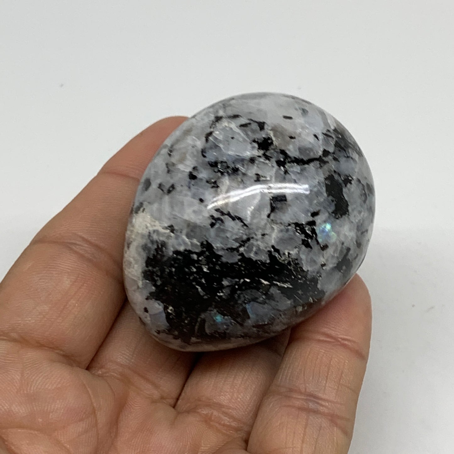 121.7g, 2"x1.6", Natural Gemstone White Rainbow Moonstone Egg, B34415