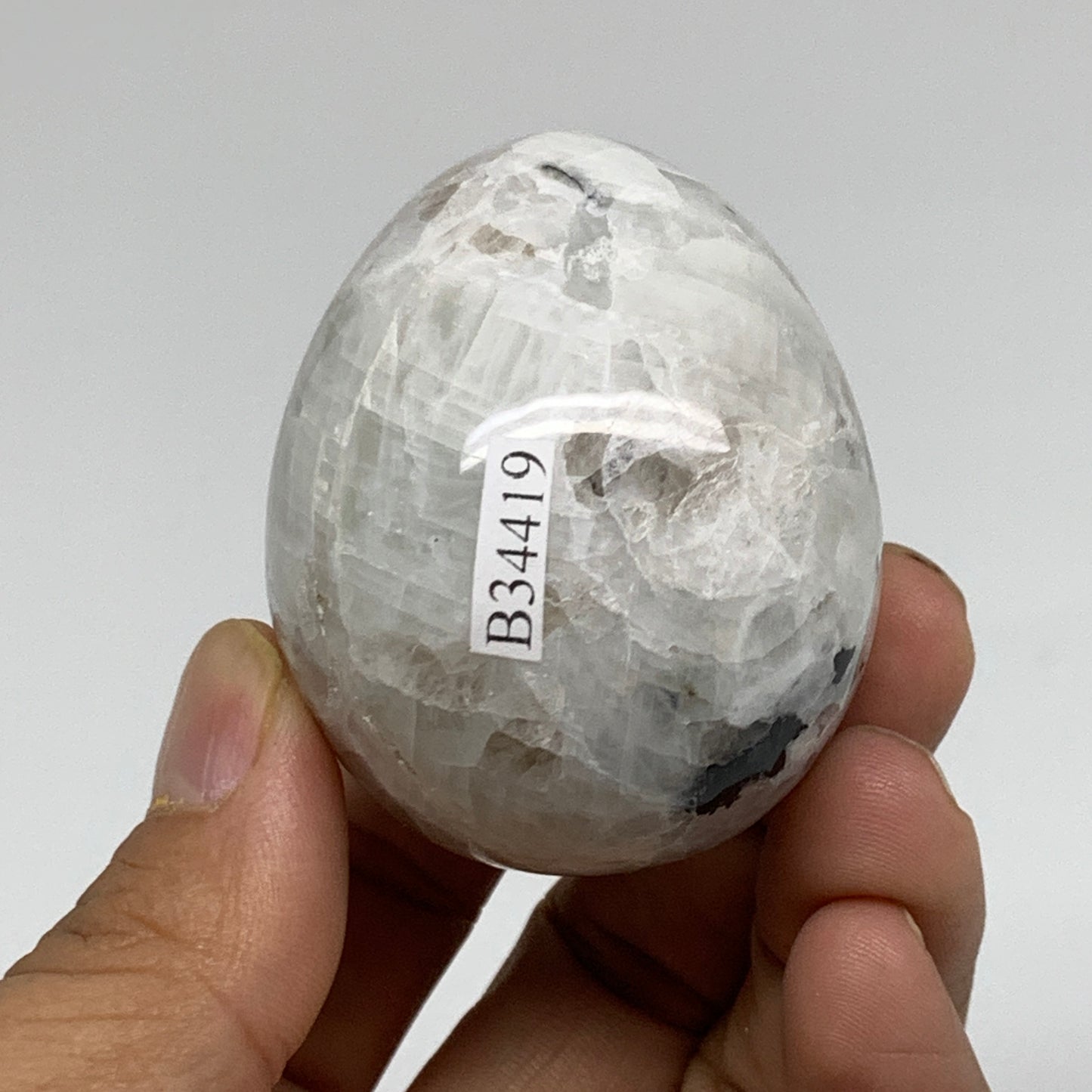 127.7g, 2"x1.7", Natural Gemstone White Rainbow Moonstone Egg, B34419