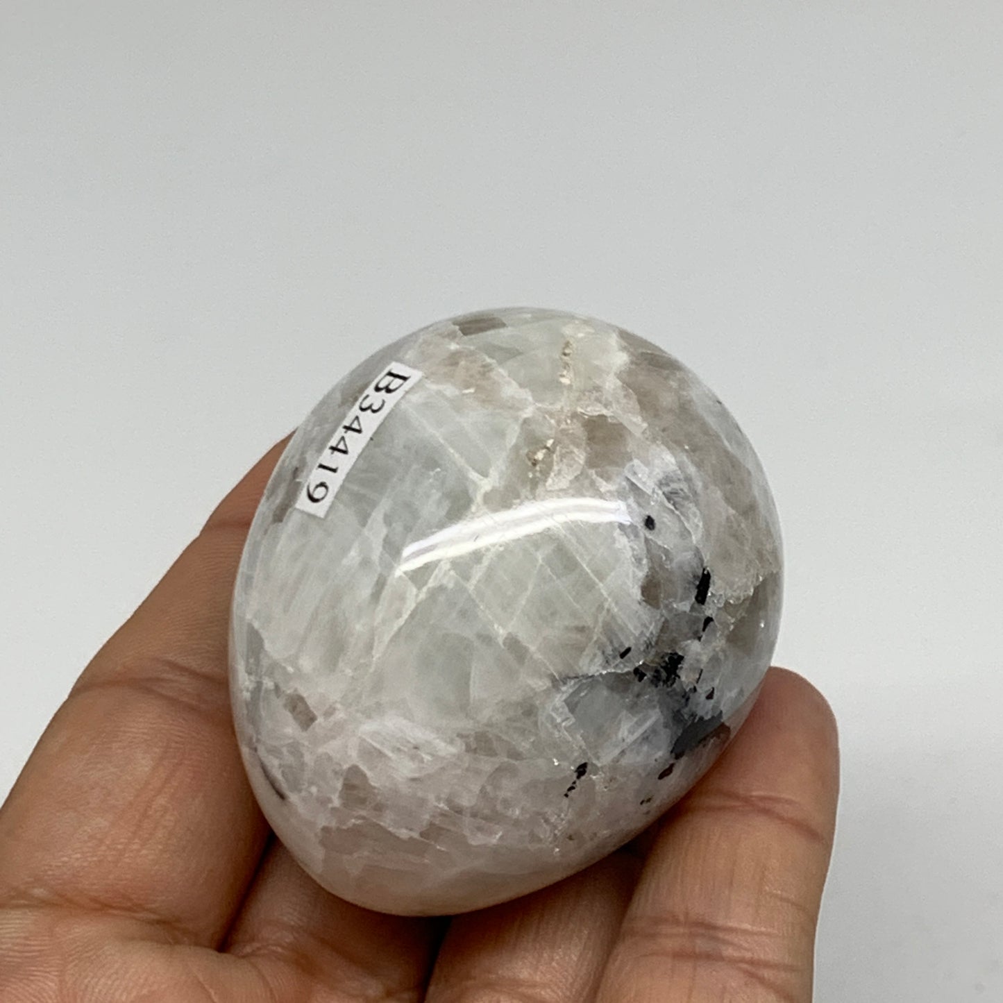 127.7g, 2"x1.7", Natural Gemstone White Rainbow Moonstone Egg, B34419