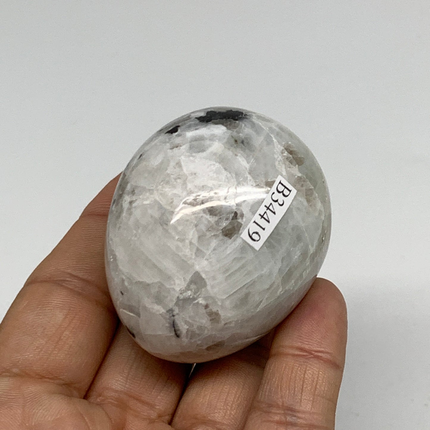 127.7g, 2"x1.7", Natural Gemstone White Rainbow Moonstone Egg, B34419