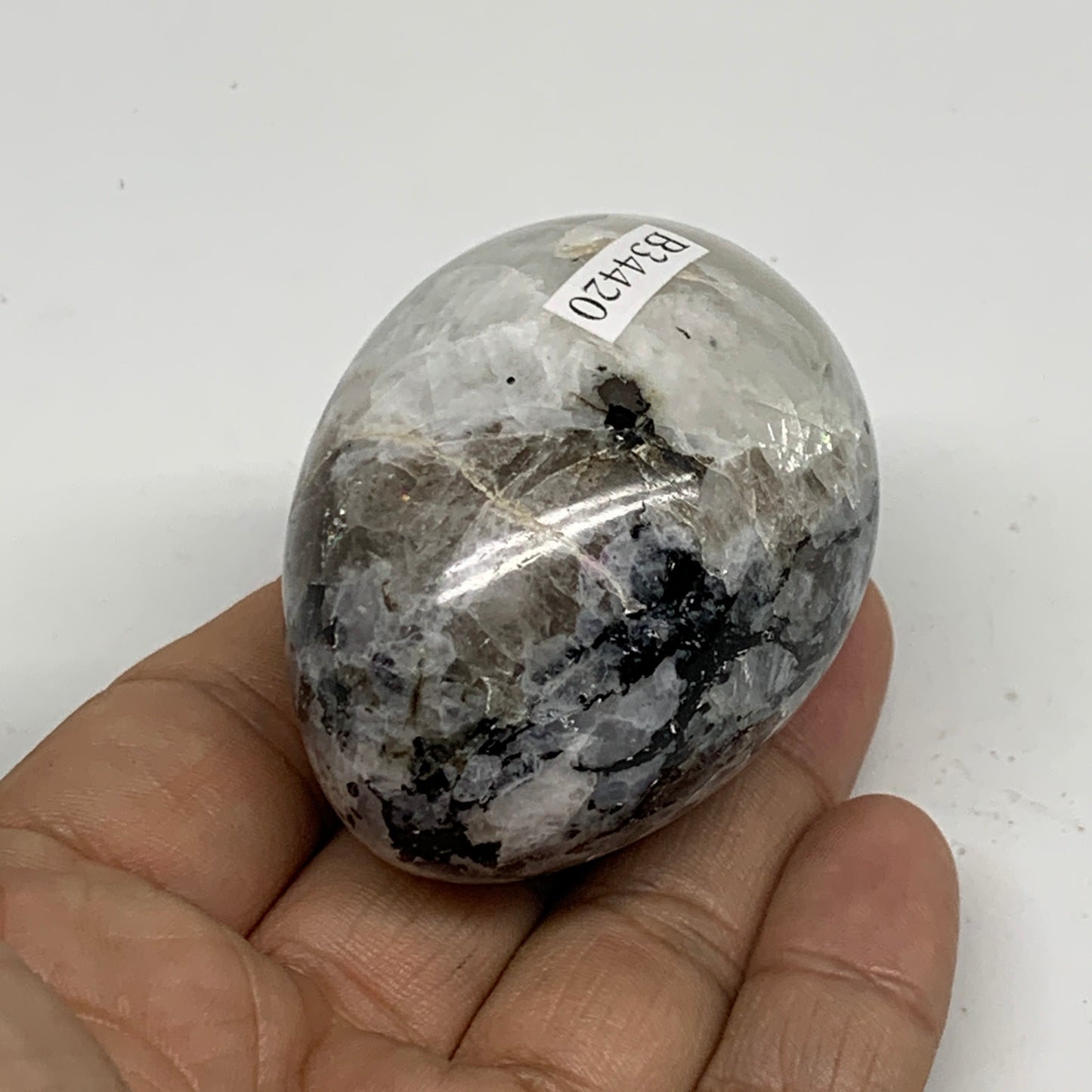 133g, 2.2"x1.7", Natural Gemstone White Rainbow Moonstone Egg, B34420