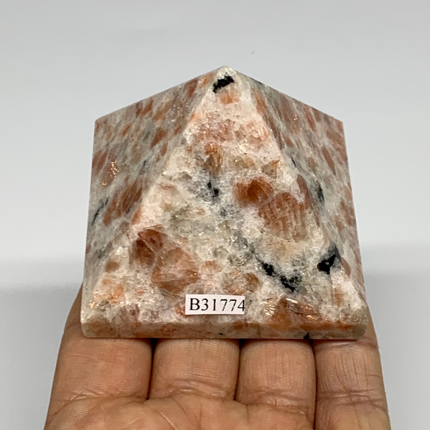 0.49 lbs, 2"x2.4"x2.4", Sunstone Pyramid Gemstone, Polished Gemstone, B31774