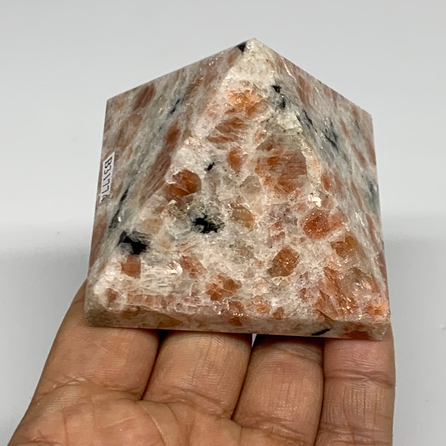 0.49 lbs, 2"x2.4"x2.4", Sunstone Pyramid Gemstone, Polished Gemstone, B31774