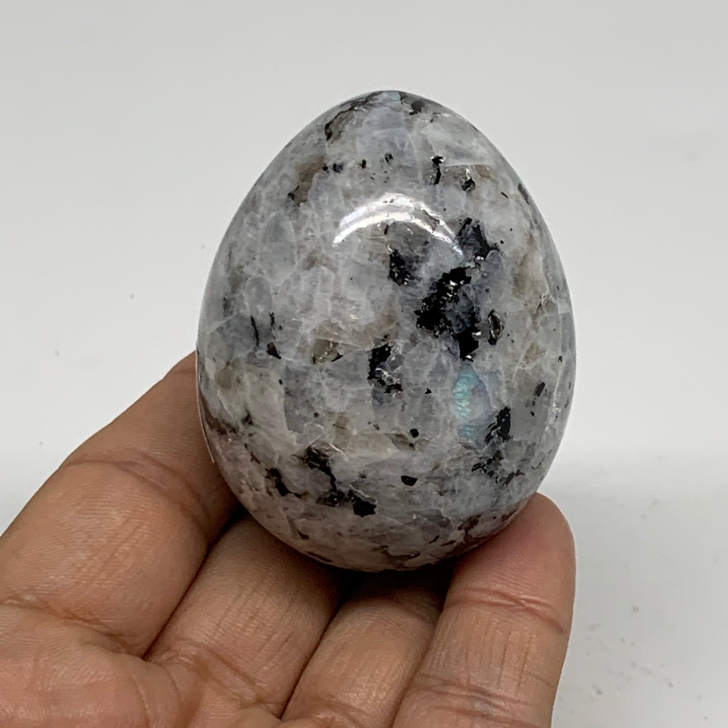 144.2g, 2.2"x1.7", Natural Gemstone White Rainbow Moonstone Egg, B34421