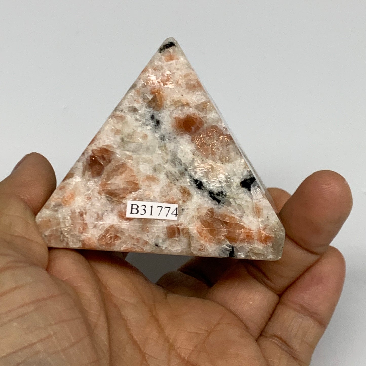 0.49 lbs, 2"x2.4"x2.4", Sunstone Pyramid Gemstone, Polished Gemstone, B31774