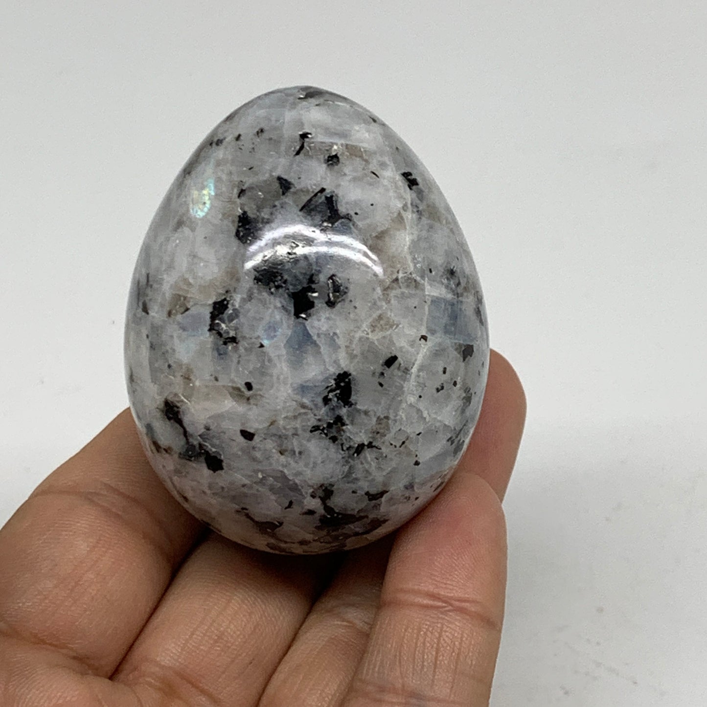 144.2g, 2.2"x1.7", Natural Gemstone White Rainbow Moonstone Egg, B34421
