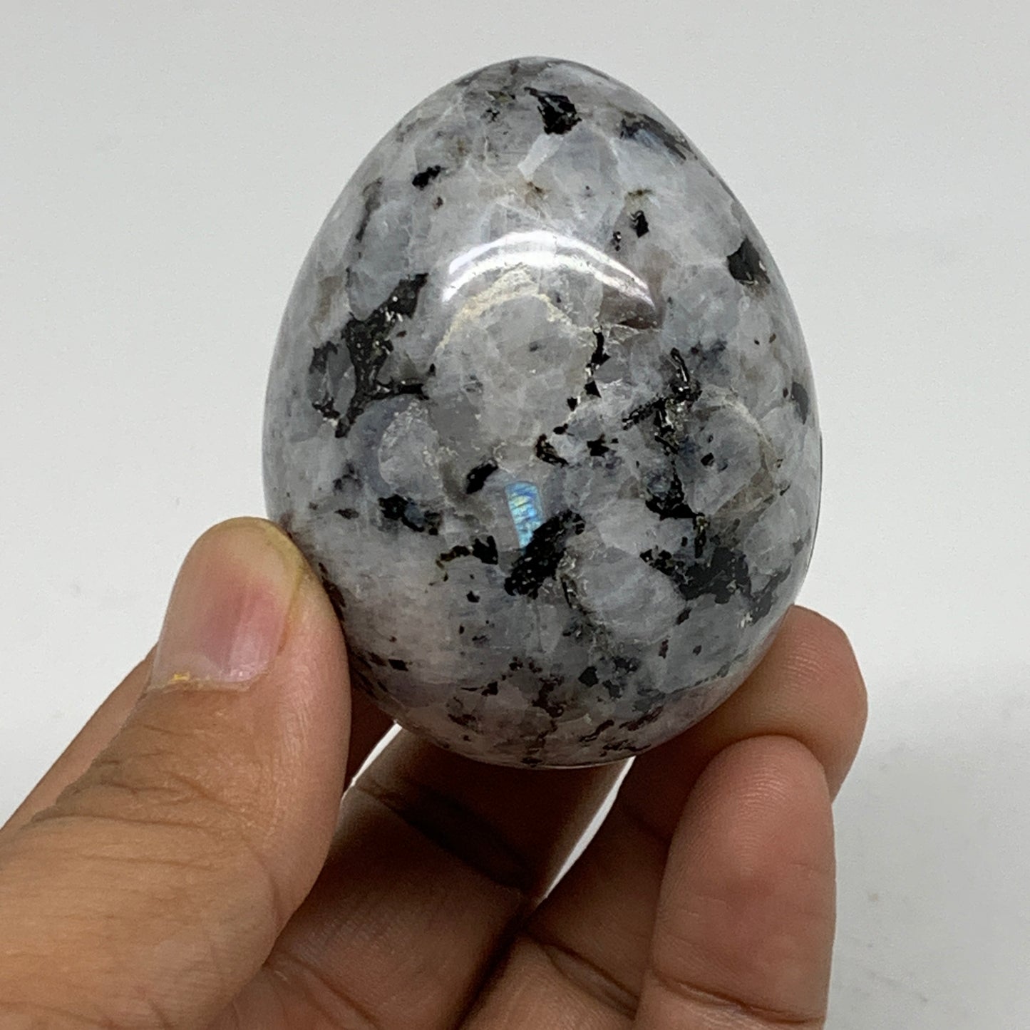 144.2g, 2.2"x1.7", Natural Gemstone White Rainbow Moonstone Egg, B34421