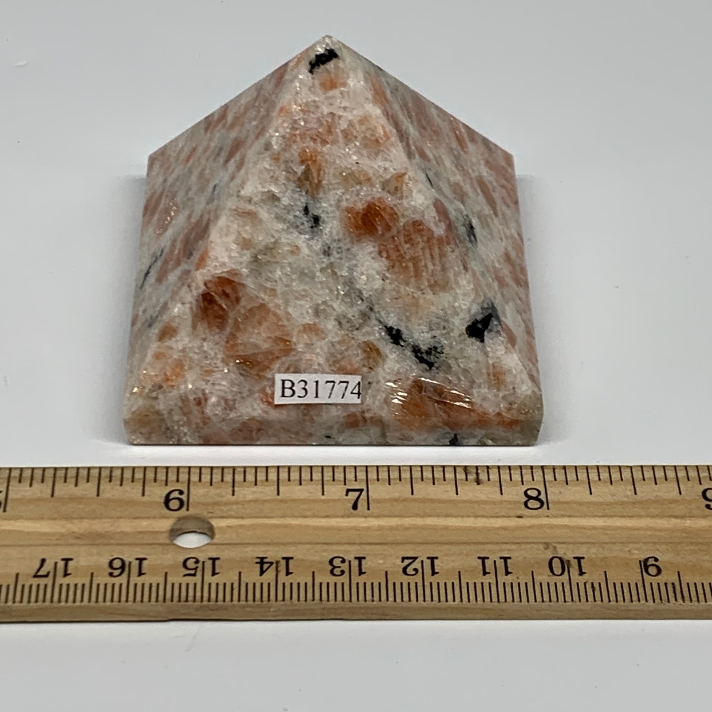 0.49 lbs, 2"x2.4"x2.4", Sunstone Pyramid Gemstone, Polished Gemstone, B31774