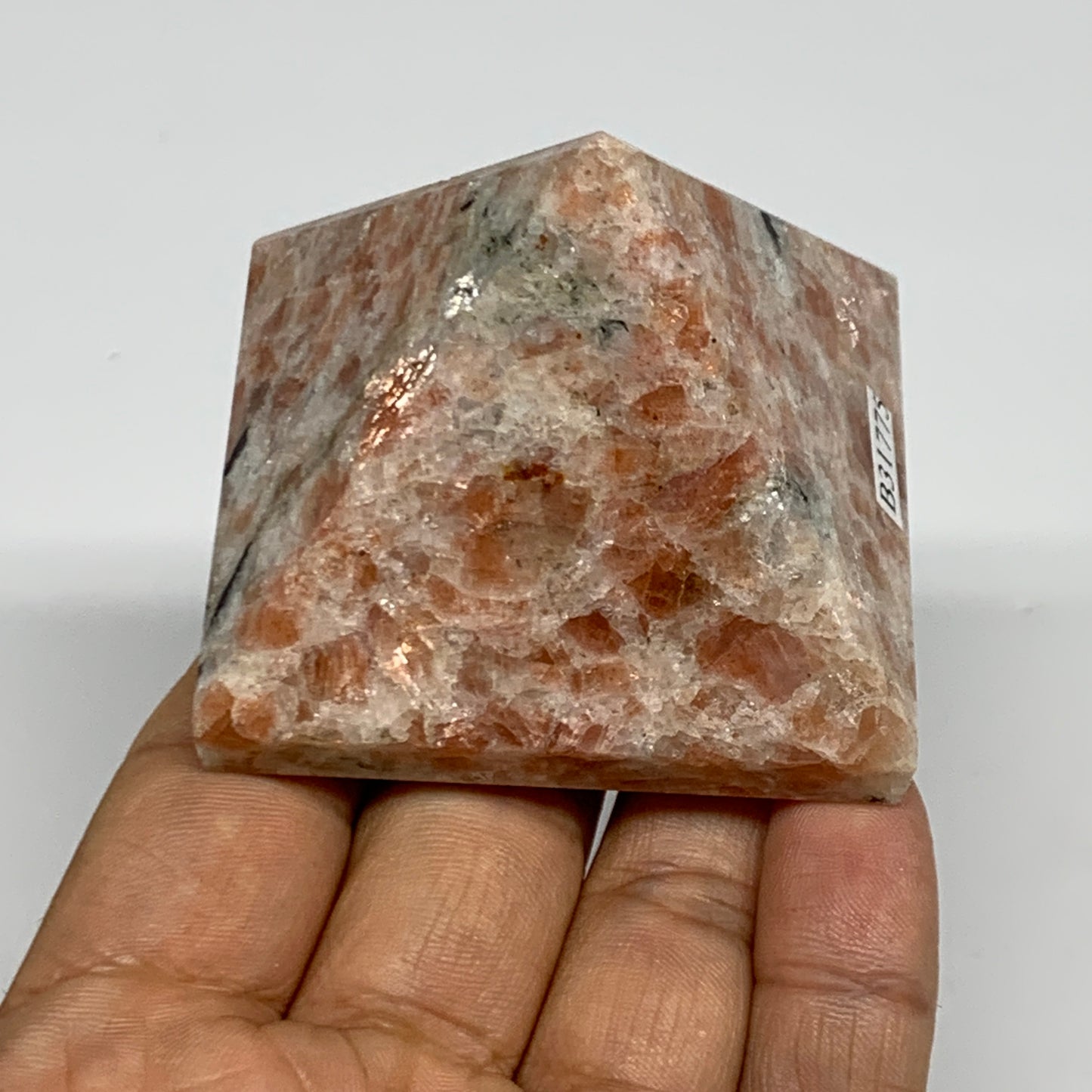 0.37 lbs, 1.8"x2.2"x2.2", Sunstone Pyramid Gemstone, Polished Gemstone, B31775