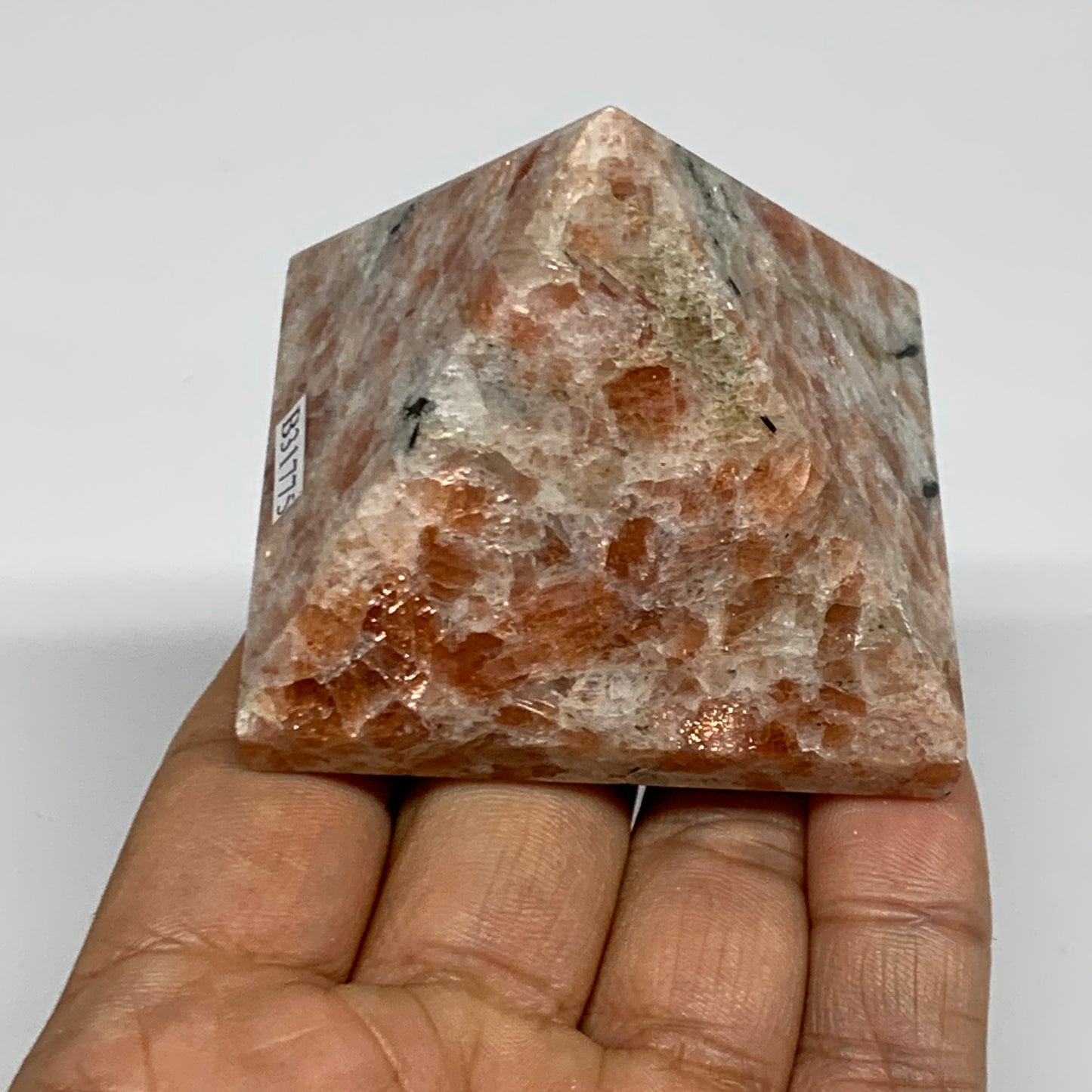 0.37 lbs, 1.8"x2.2"x2.2", Sunstone Pyramid Gemstone, Polished Gemstone, B31775