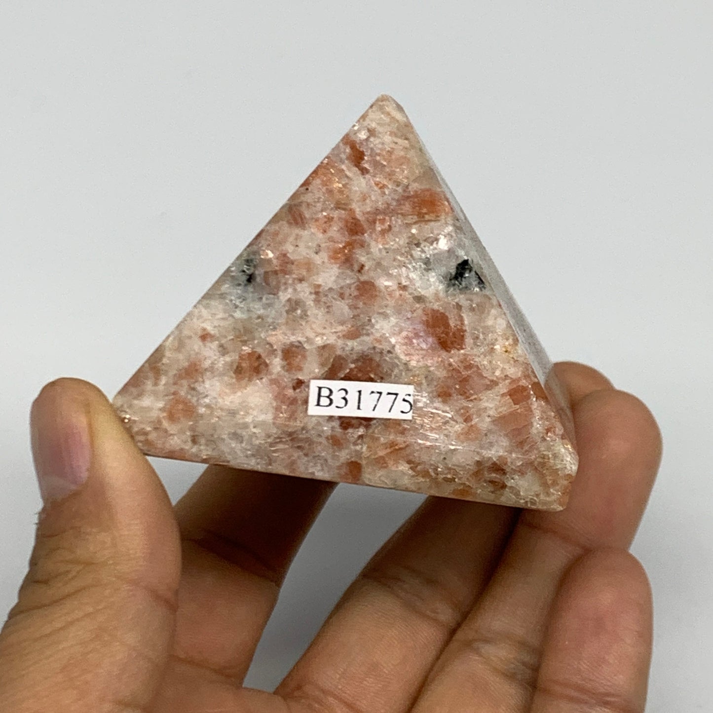 0.37 lbs, 1.8"x2.2"x2.2", Sunstone Pyramid Gemstone, Polished Gemstone, B31775