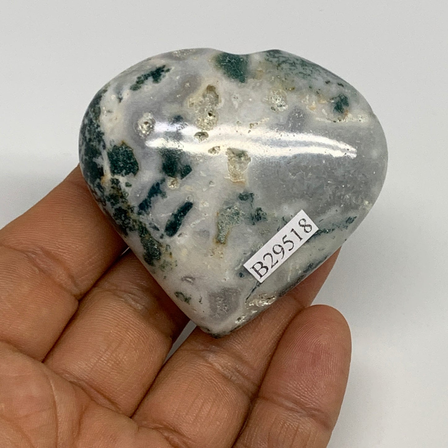 84.4g, 2.1"x2.2"x0.9", Natural Moss Agate Heart Crystal Gemstone @India, B29518
