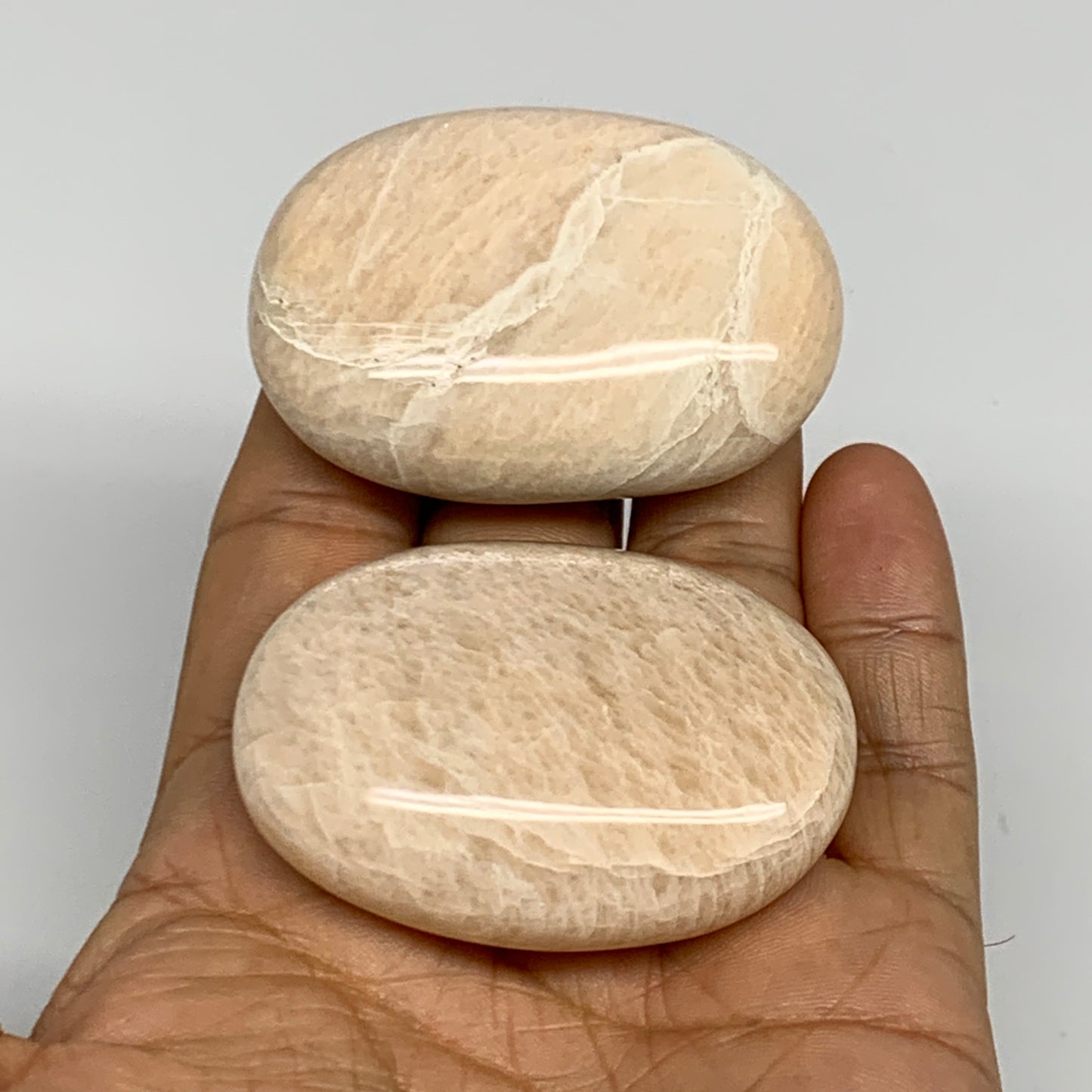 124.6g,2"-2.1", 2pcs, Peach Moonstone Crystal Palm-Stone Polished Reiki, B27968