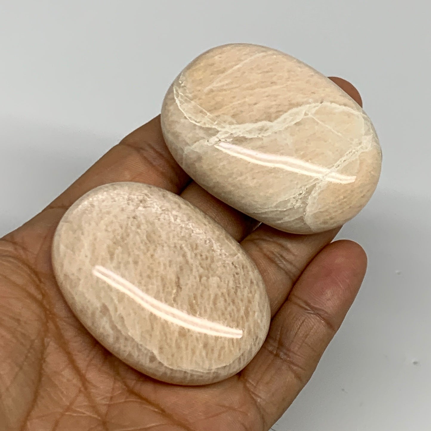 124.6g,2"-2.1", 2pcs, Peach Moonstone Crystal Palm-Stone Polished Reiki, B27968