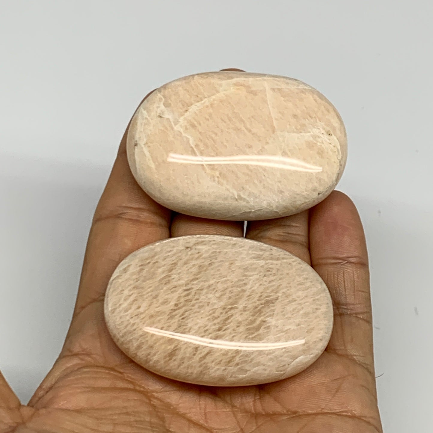 124.6g,2"-2.1", 2pcs, Peach Moonstone Crystal Palm-Stone Polished Reiki, B27968