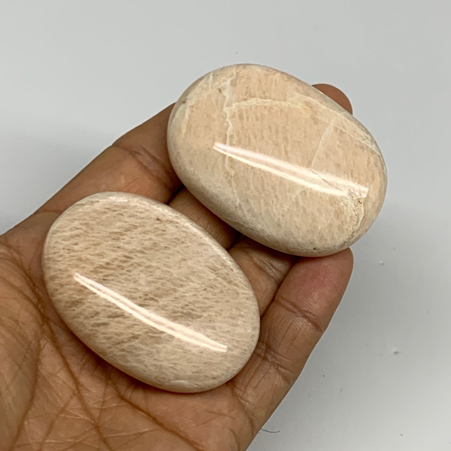 124.6g,2"-2.1", 2pcs, Peach Moonstone Crystal Palm-Stone Polished Reiki, B27968