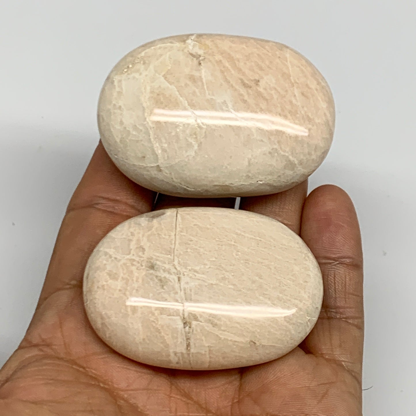 125.1g,2"-2.1", 2pcs, Peach Moonstone Crystal Palm-Stone Polished Reiki, B27969