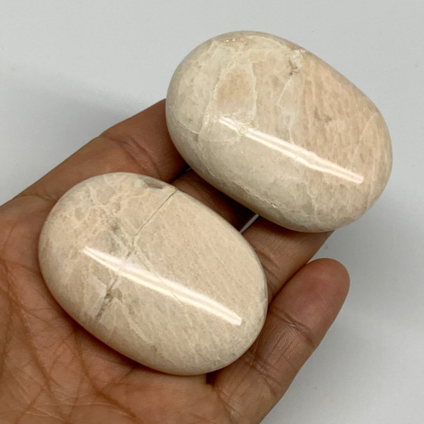 125.1g,2"-2.1", 2pcs, Peach Moonstone Crystal Palm-Stone Polished Reiki, B27969