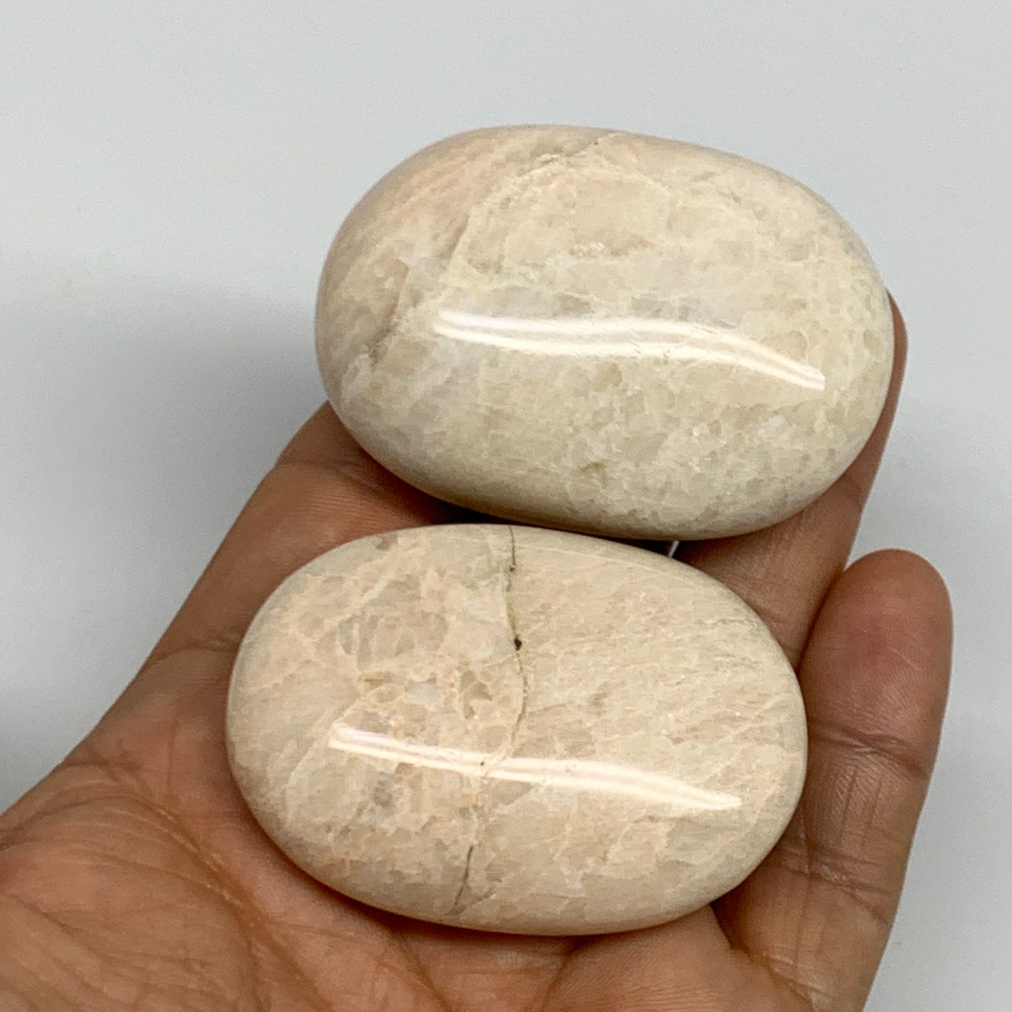 125.1g,2"-2.1", 2pcs, Peach Moonstone Crystal Palm-Stone Polished Reiki, B27969