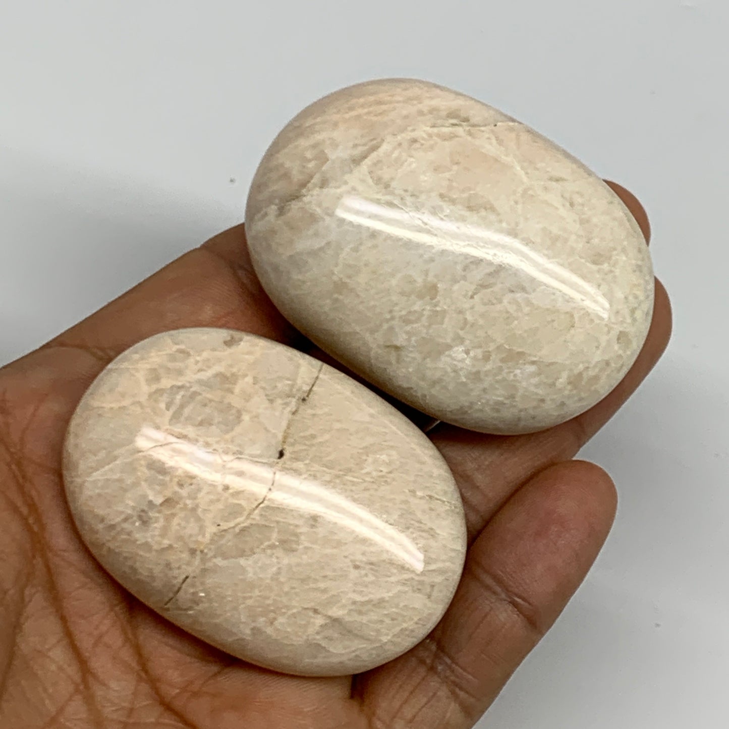 125.1g,2"-2.1", 2pcs, Peach Moonstone Crystal Palm-Stone Polished Reiki, B27969