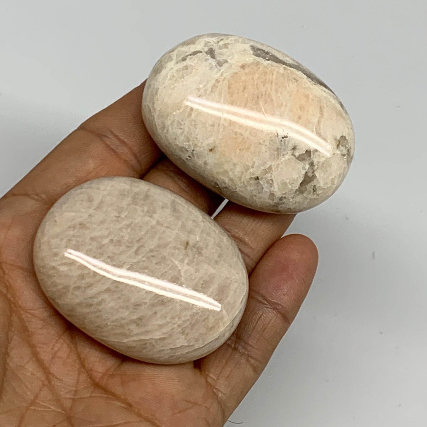 116.1g,2"-2.1", 2pcs, Peach Moonstone Crystal Palm-Stone Polished Reiki, B27970