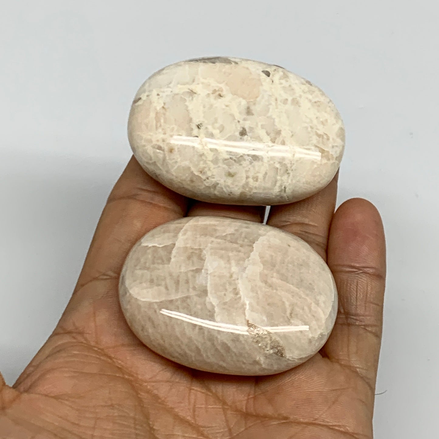 116.1g,2"-2.1", 2pcs, Peach Moonstone Crystal Palm-Stone Polished Reiki, B27970