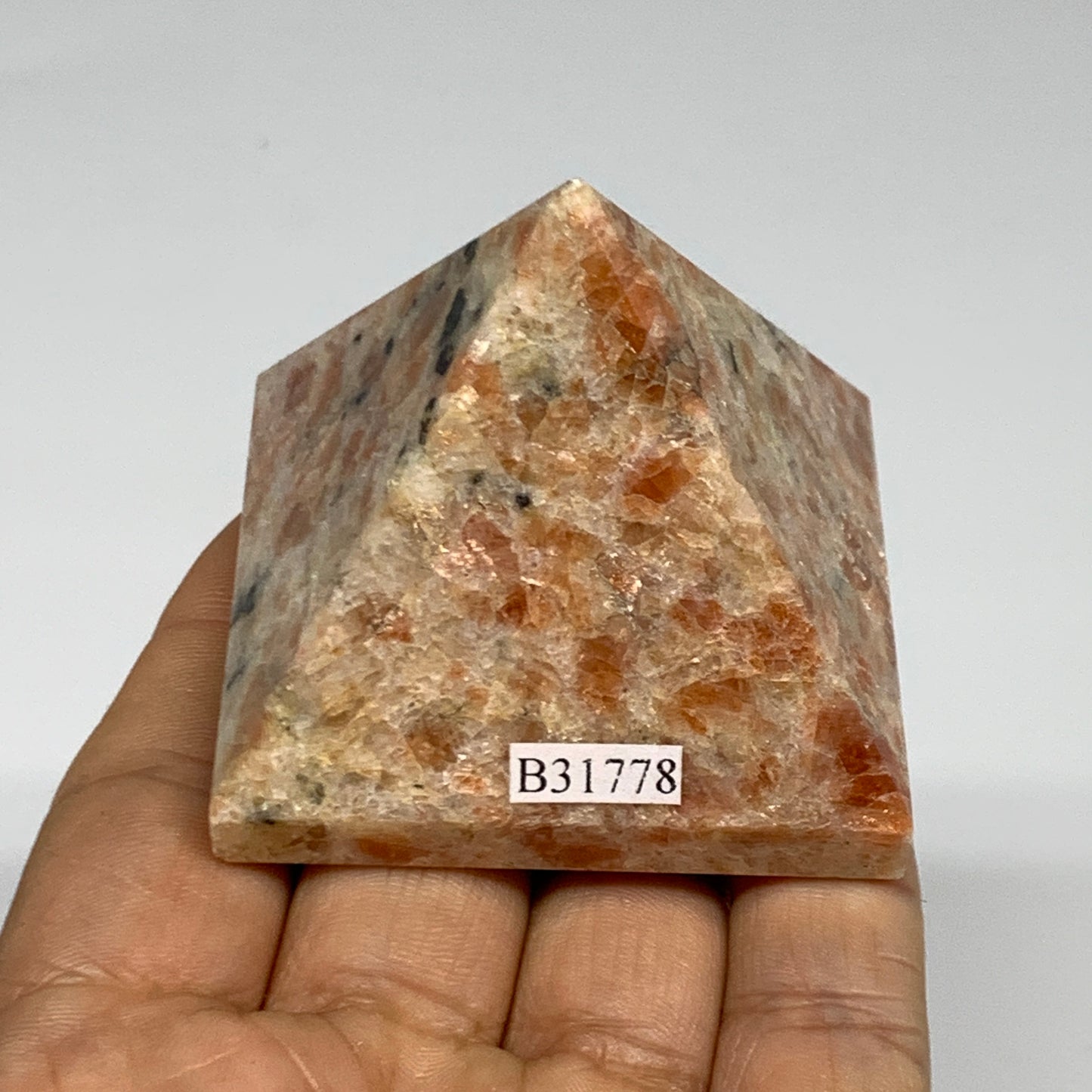 0.33 lbs, 1.8"x2.1"x2.1", Sunstone Pyramid Gemstone, Polished Gemstone, B31778