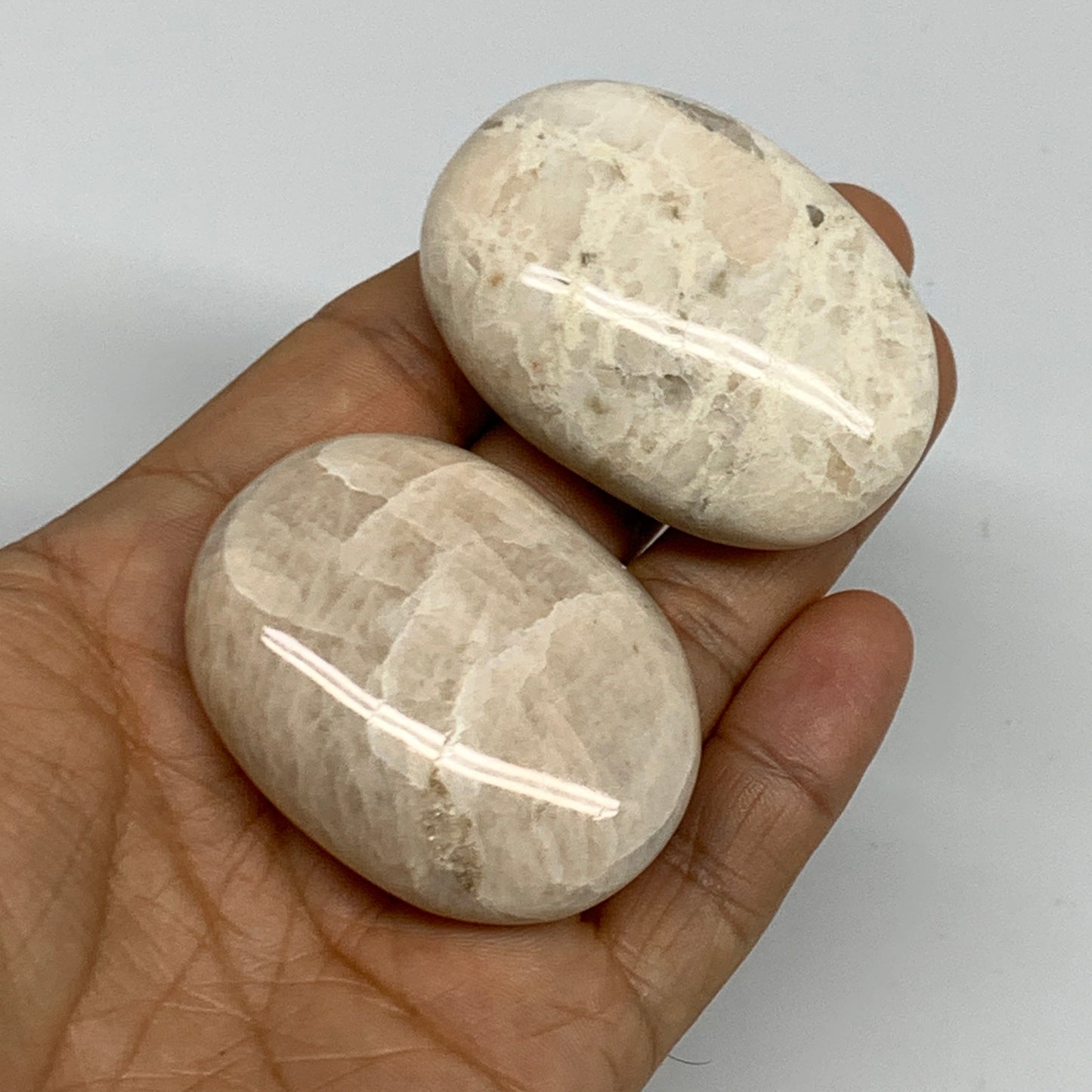 116.1g,2"-2.1", 2pcs, Peach Moonstone Crystal Palm-Stone Polished Reiki, B27970