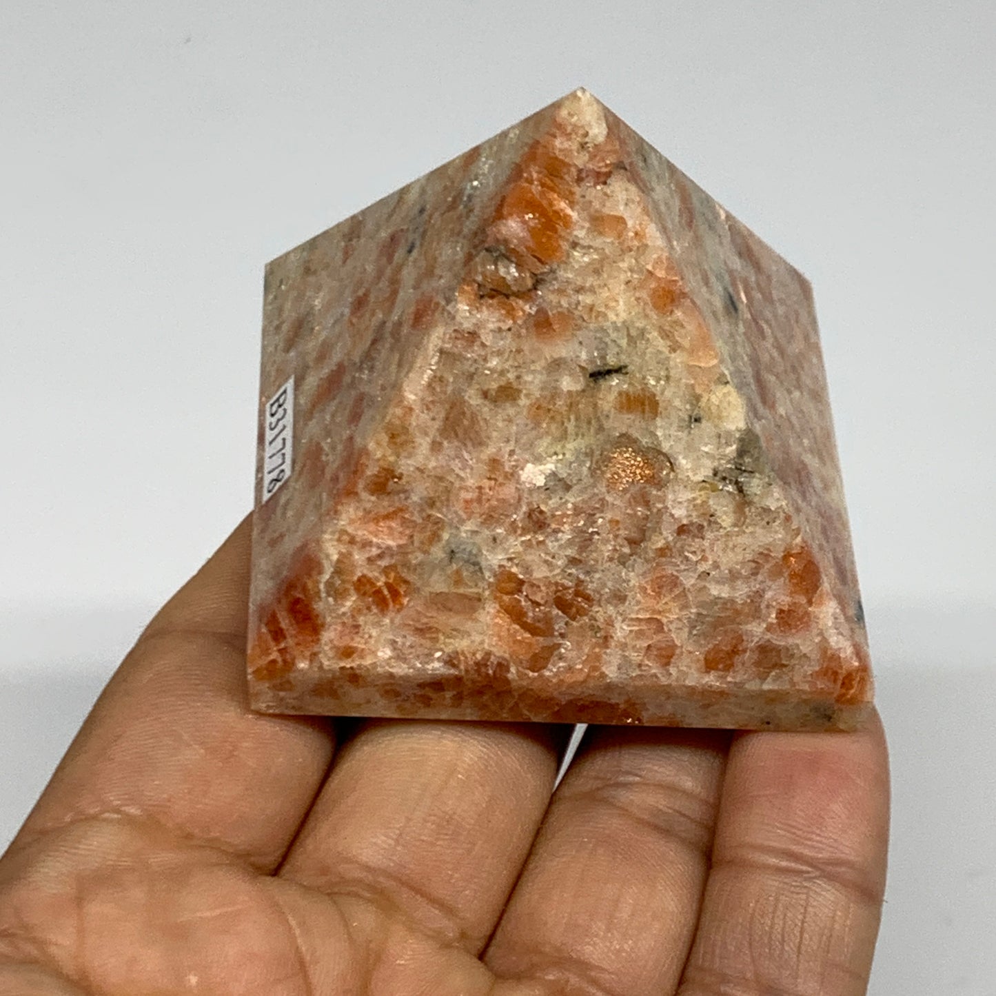 0.33 lbs, 1.8"x2.1"x2.1", Sunstone Pyramid Gemstone, Polished Gemstone, B31778