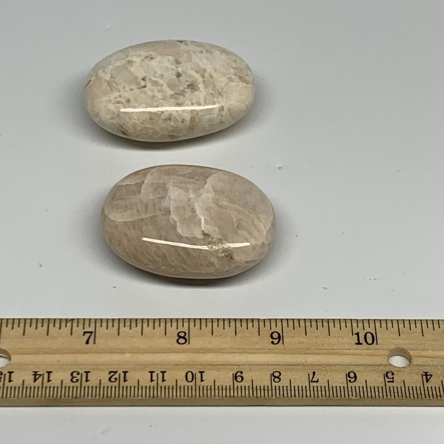 116.1g,2"-2.1", 2pcs, Peach Moonstone Crystal Palm-Stone Polished Reiki, B27970