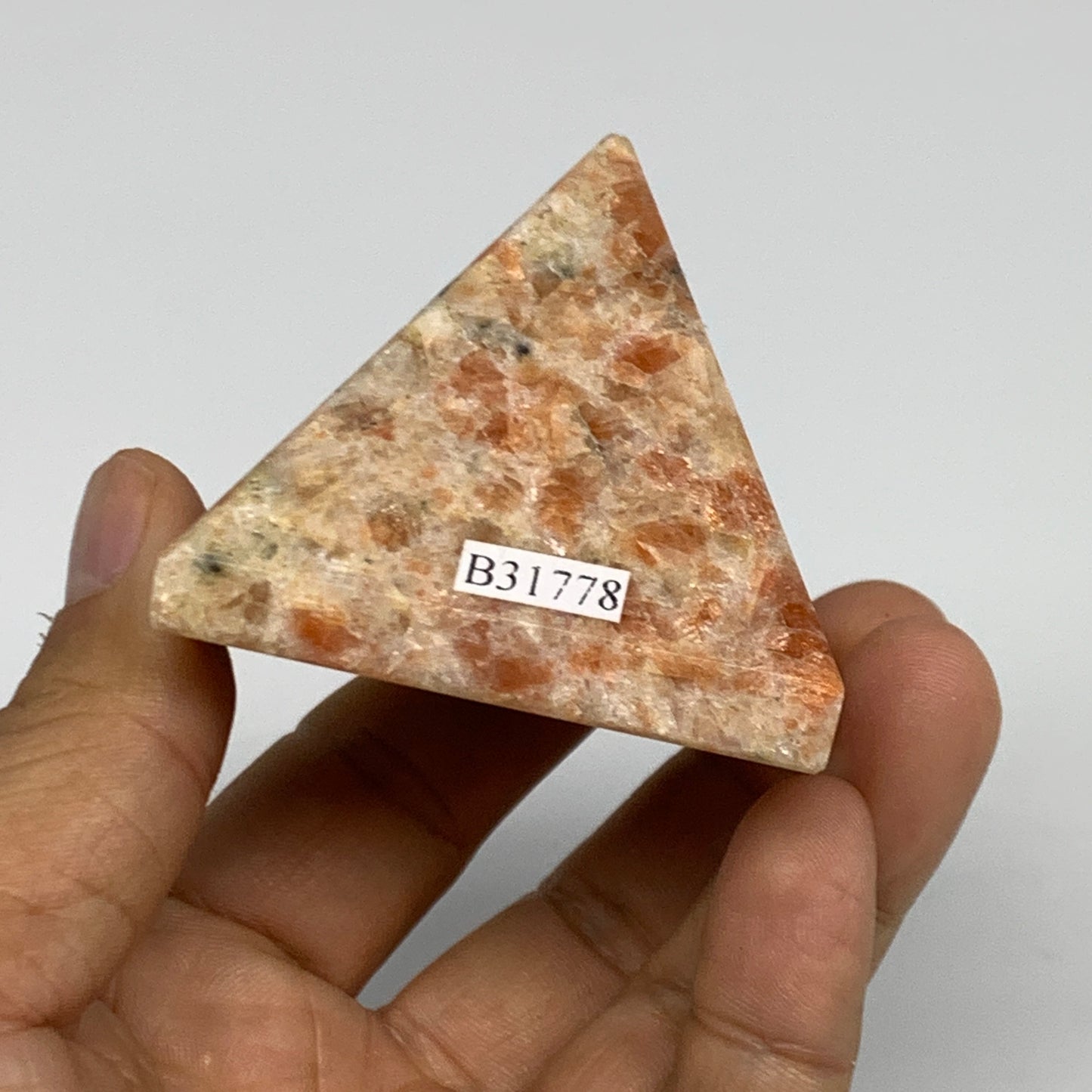 0.33 lbs, 1.8"x2.1"x2.1", Sunstone Pyramid Gemstone, Polished Gemstone, B31778