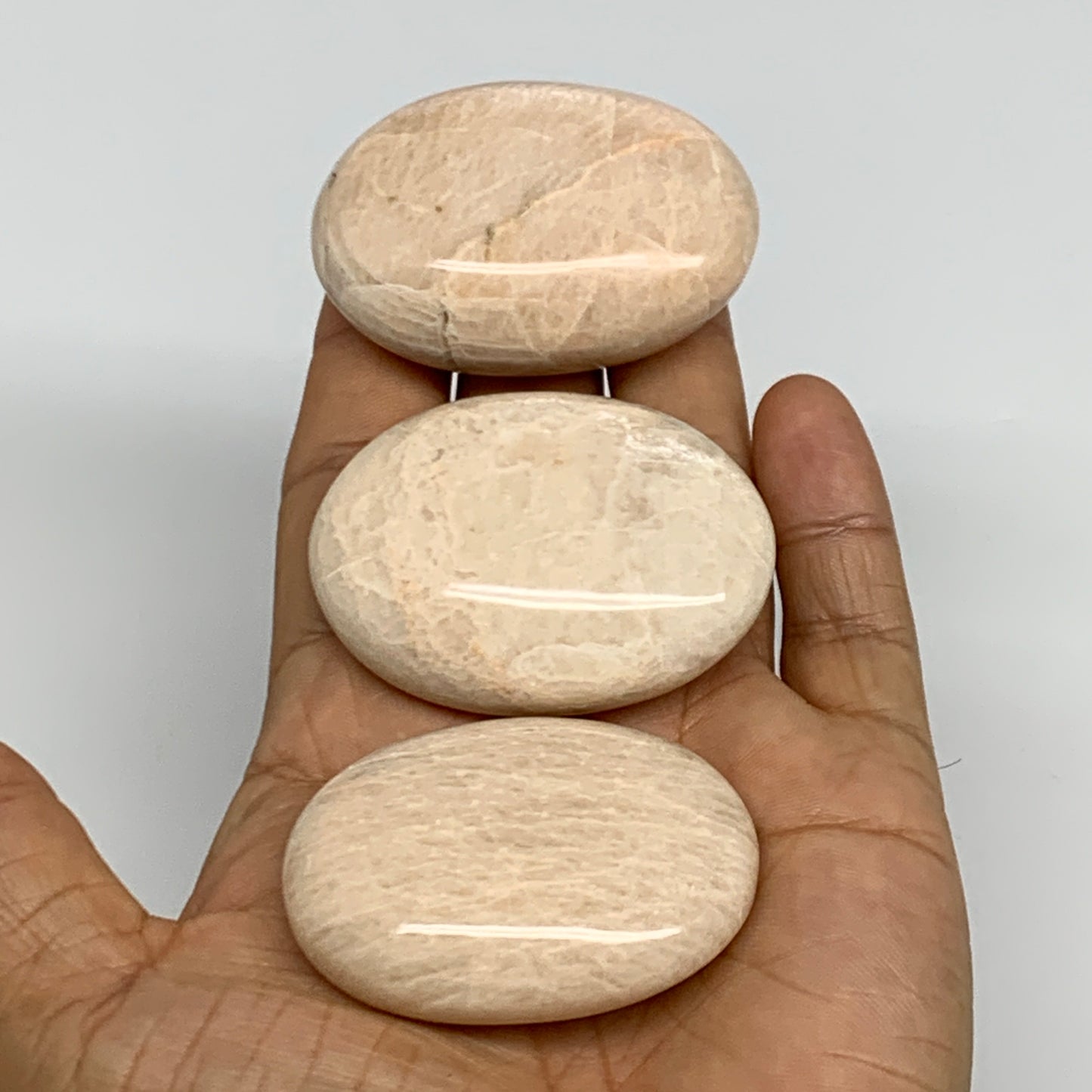 168.4g,1.9"-2.1", 3pcs, Peach Moonstone Crystal Palm-Stone Polished Reiki, B2797