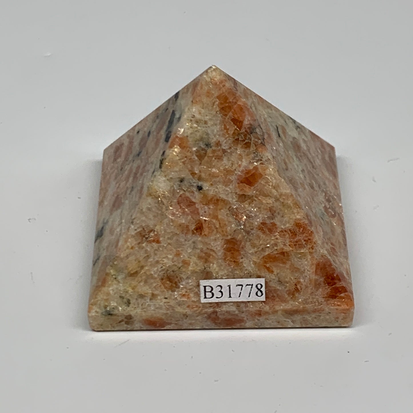 0.33 lbs, 1.8"x2.1"x2.1", Sunstone Pyramid Gemstone, Polished Gemstone, B31778