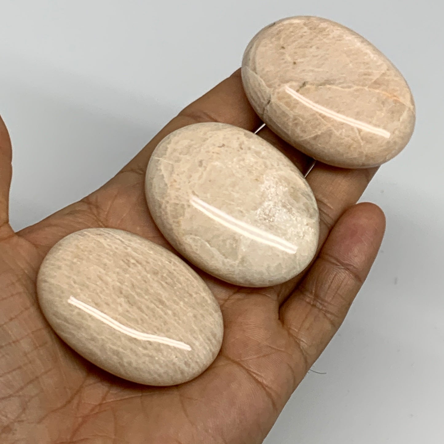 168.4g,1.9"-2.1", 3pcs, Peach Moonstone Crystal Palm-Stone Polished Reiki, B2797